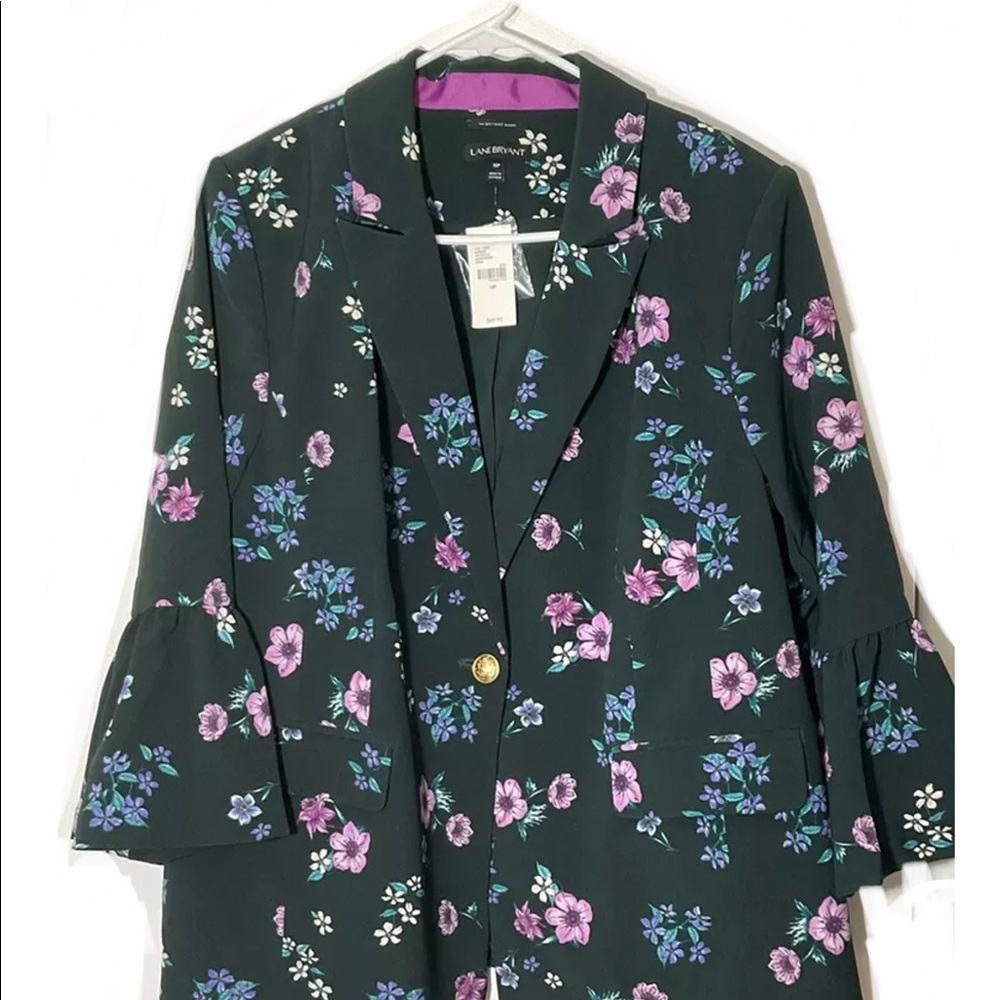Lane Bryant NWT blazer green floral button up jacket 3/4 ruffle sleeve